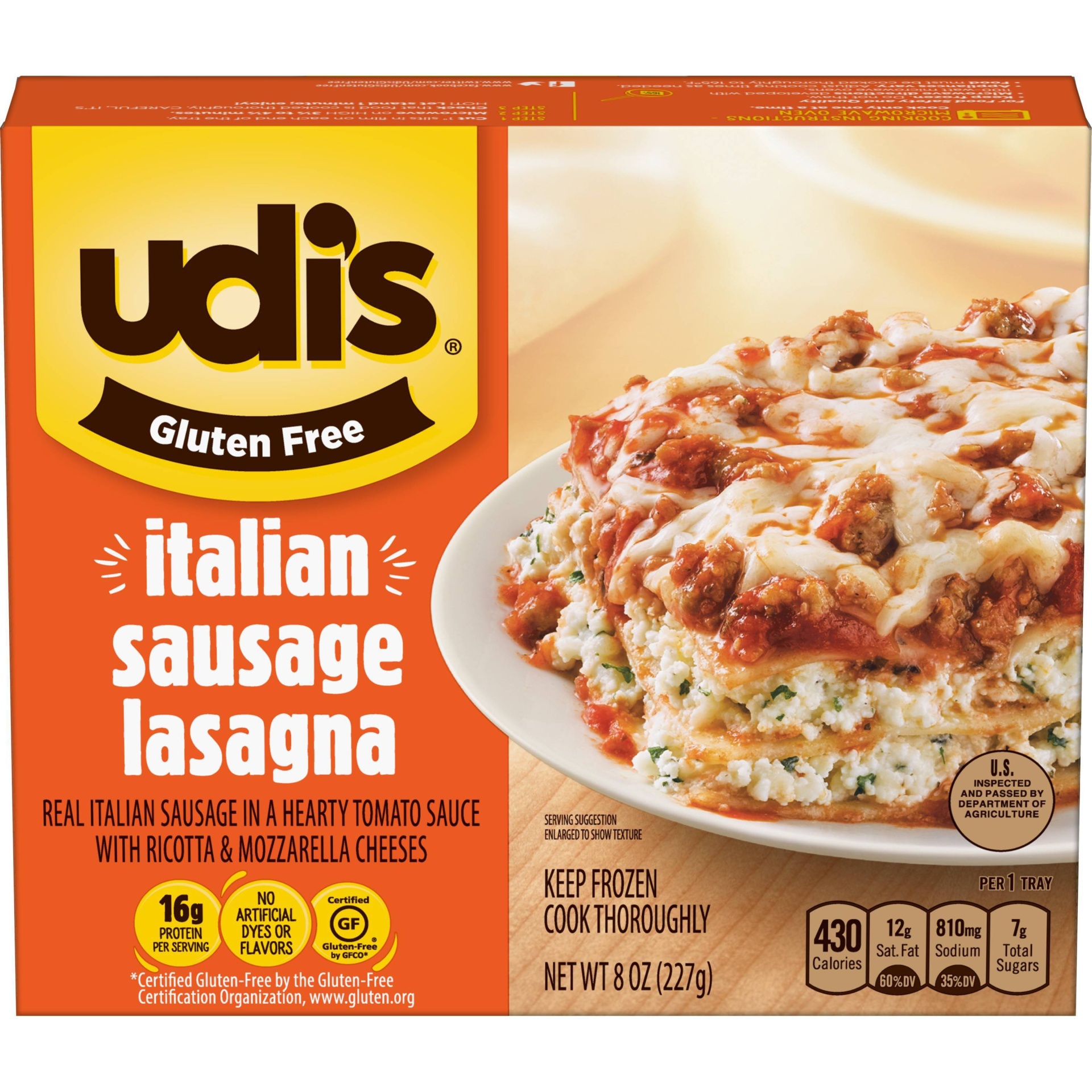 slide 1 of 9, Udi's Gluten Free Italian Sausage Lasagna, 8 oz