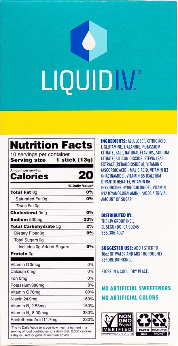 slide 6 of 10, Liquid I.V. Sugar Free Hydration Multiplier Vegan Powder Electrolyte Supplements - Lemon Lime - 0.45oz/10ct, 10 ct