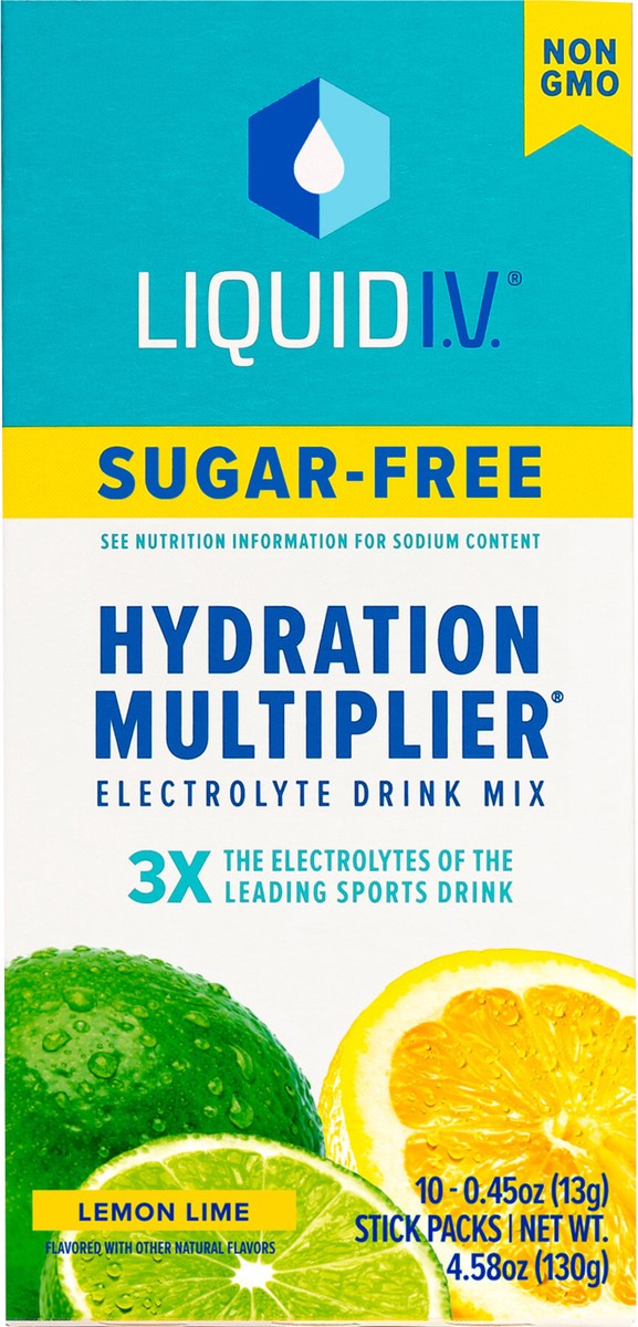 slide 4 of 10, Liquid I.V. Sugar Free Hydration Multiplier Vegan Powder Electrolyte Supplements - Lemon Lime - 0.45oz/10ct, 10 ct