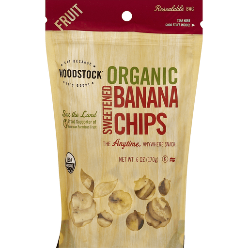 slide 1 of 2, Woodstock Fruit- Organic - Banana Chips - Sweetened, 6 oz