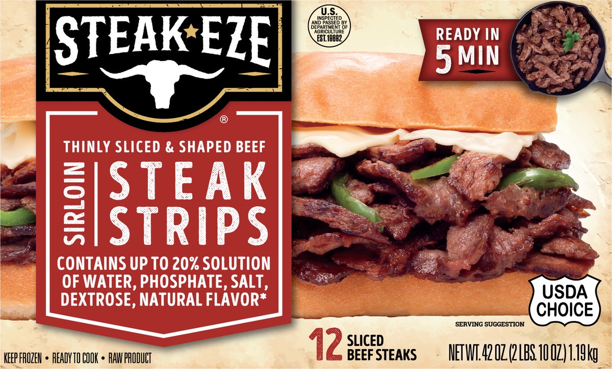 slide 11 of 13, Steak-EZE Thinly Sliced Sirloin Beef Steak Strips, 12 Count (Frozen), 12 ct