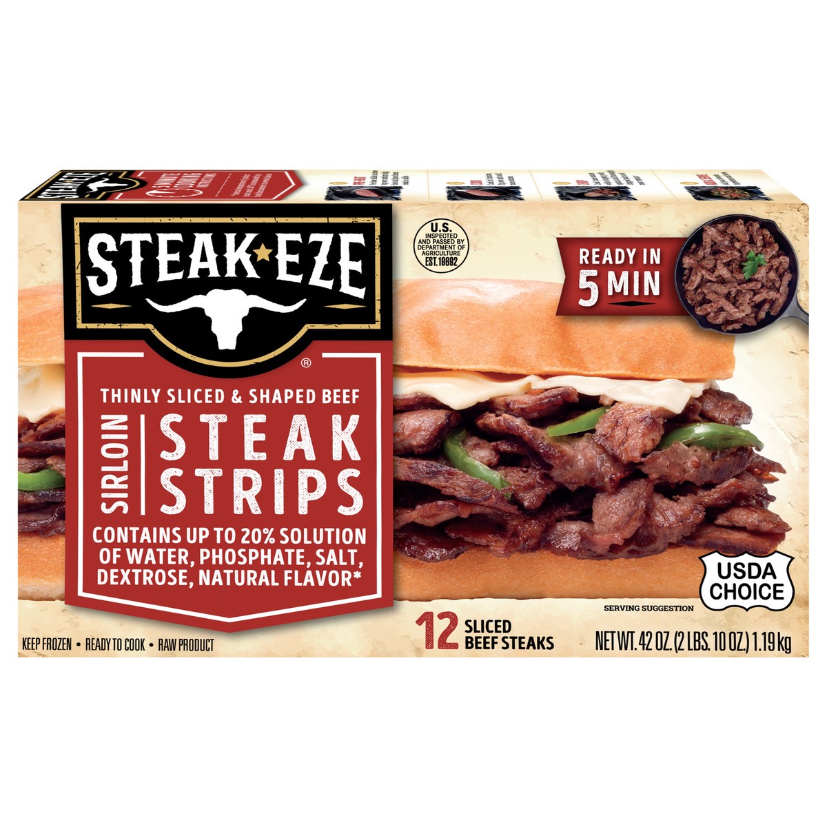 slide 1 of 13, Steak-EZE Thinly Sliced Sirloin Beef Steak Strips, 12 Count (Frozen), 1.19 kg