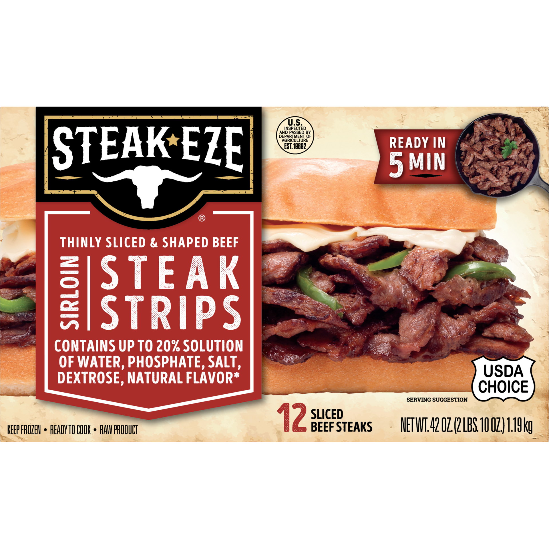 slide 1 of 13, Steak-EZE Thinly Sliced Sirloin Beef Steak Strips, 12 Count (Frozen), 1.19 kg