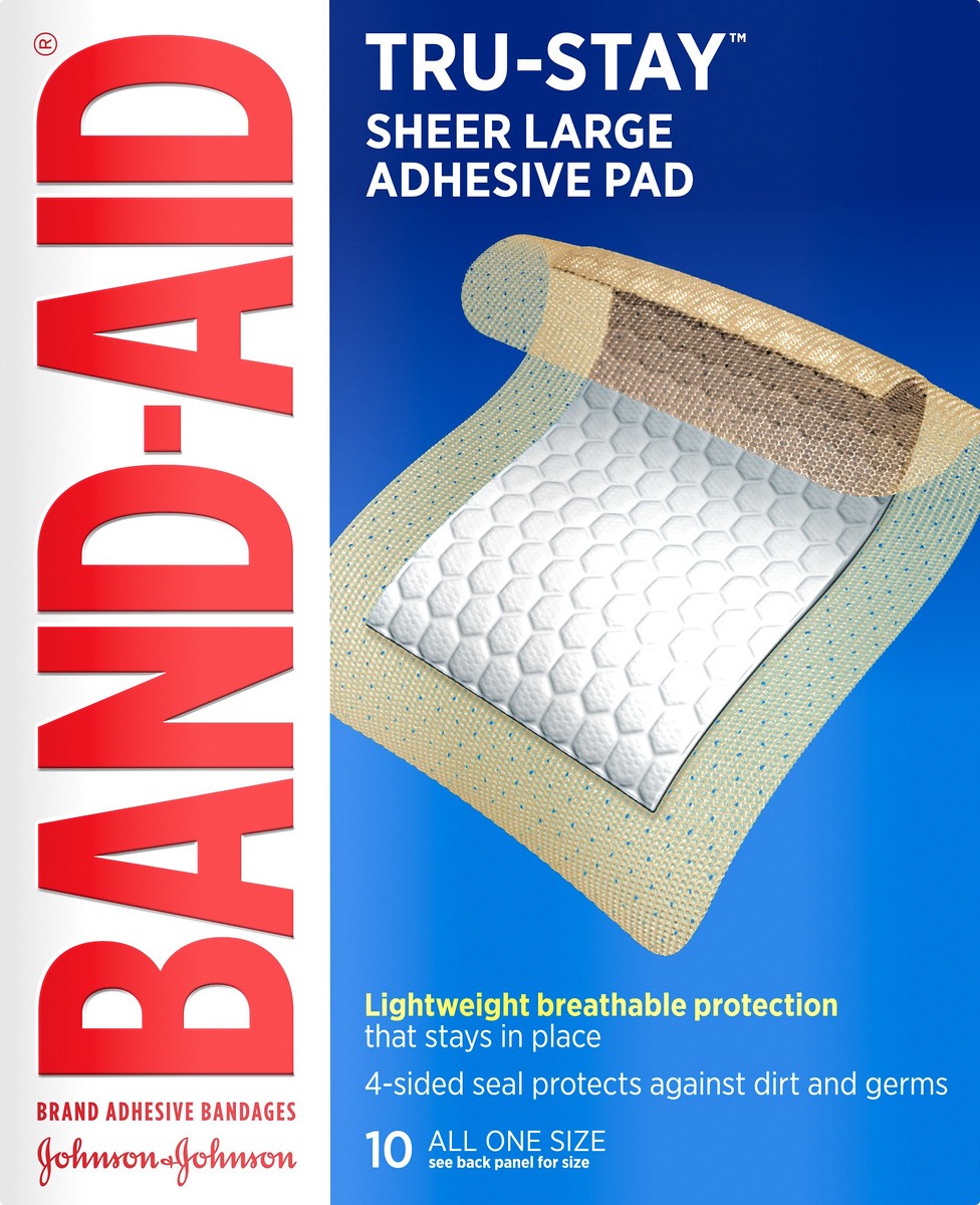 slide 1 of 7, BAND-AID Tru-Stay All One Size Sheer Large Adhesive Pad 10 ea, 10 ct