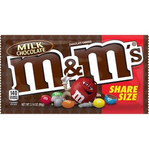 slide 1 of 1, M&M's Milk Chocolate Candy, Share Size, 3.14 Oz Bag, 1 ct