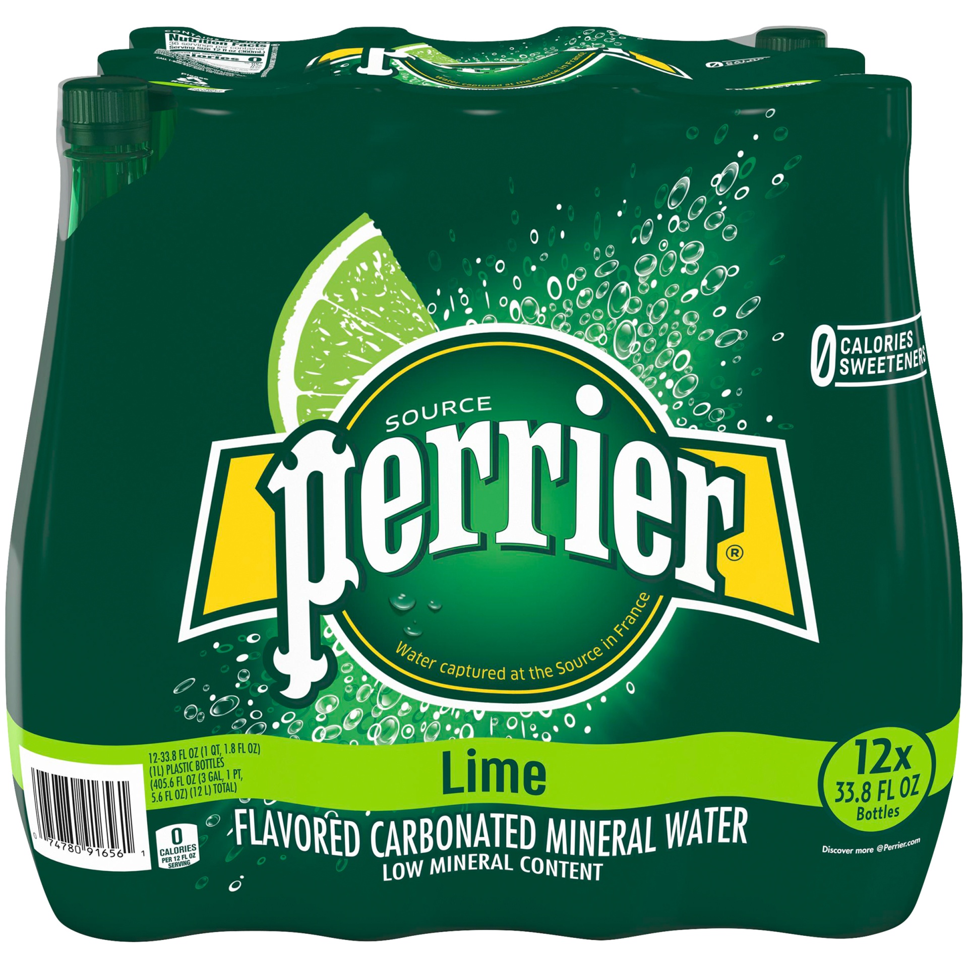 slide 1 of 2, Perrier Lime Flavored Sparkling Water, 33.8 FL OZ, 1L Plastic Water Bottles (12 Count), 405.6 oz