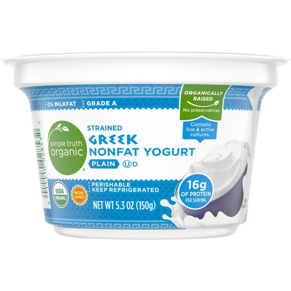 slide 1 of 1, Simple Truth Organic Strained Plain Nonfat Greek Yogurt, 5.3 oz