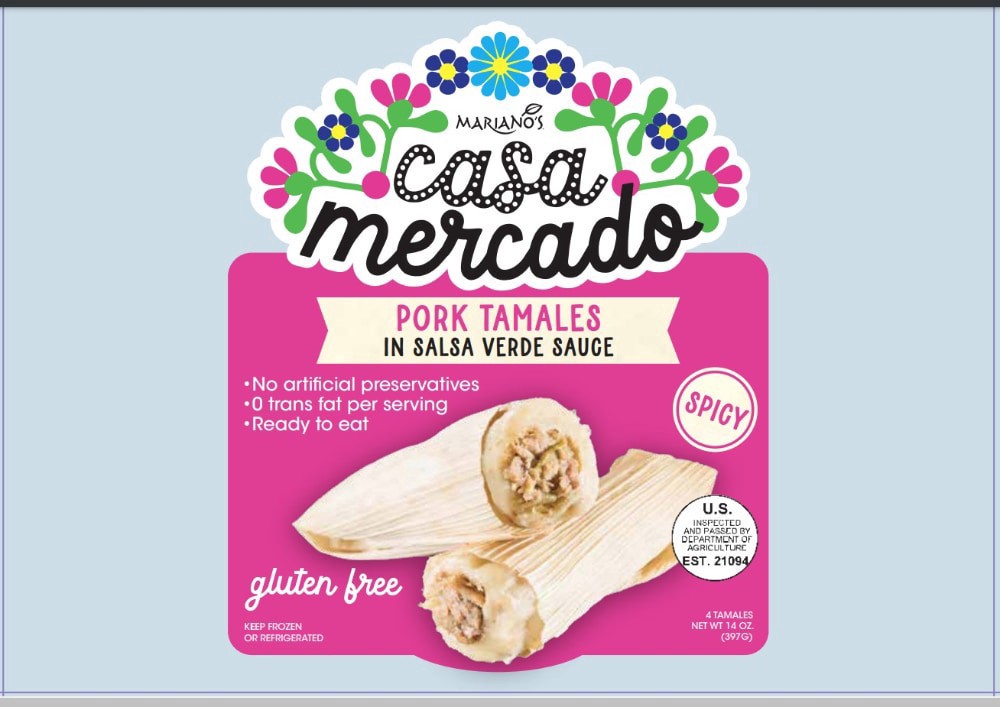 slide 1 of 1, Mariano's Casa Mercado Hot Pork Tamales In Salsa Verde Sauce, 4 ct; 14 oz