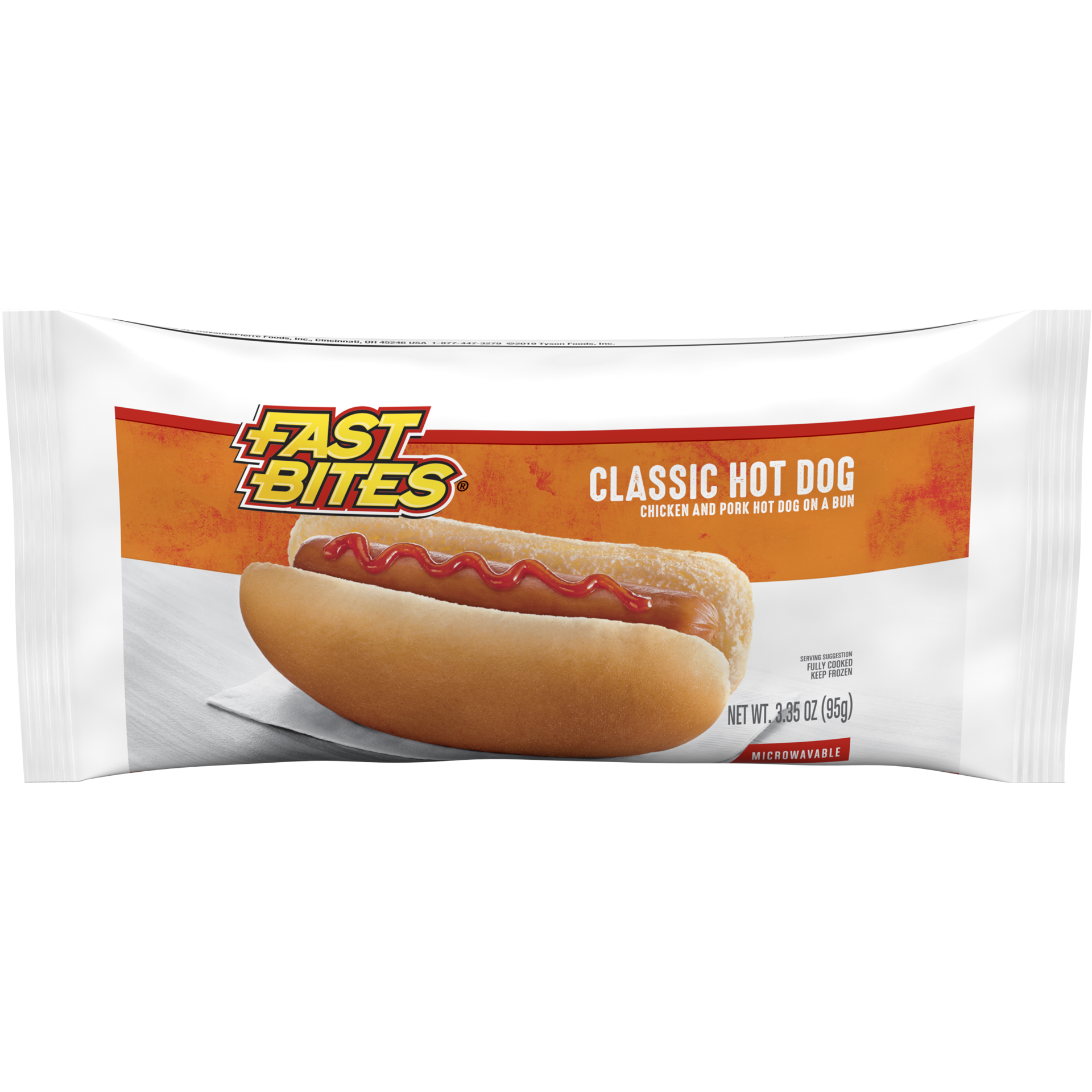 slide 1 of 10, FAST BITES Fully Cooked Classic Hot Dog, Chicken and Pork Hot Dog on a Bun, 3.35 oz