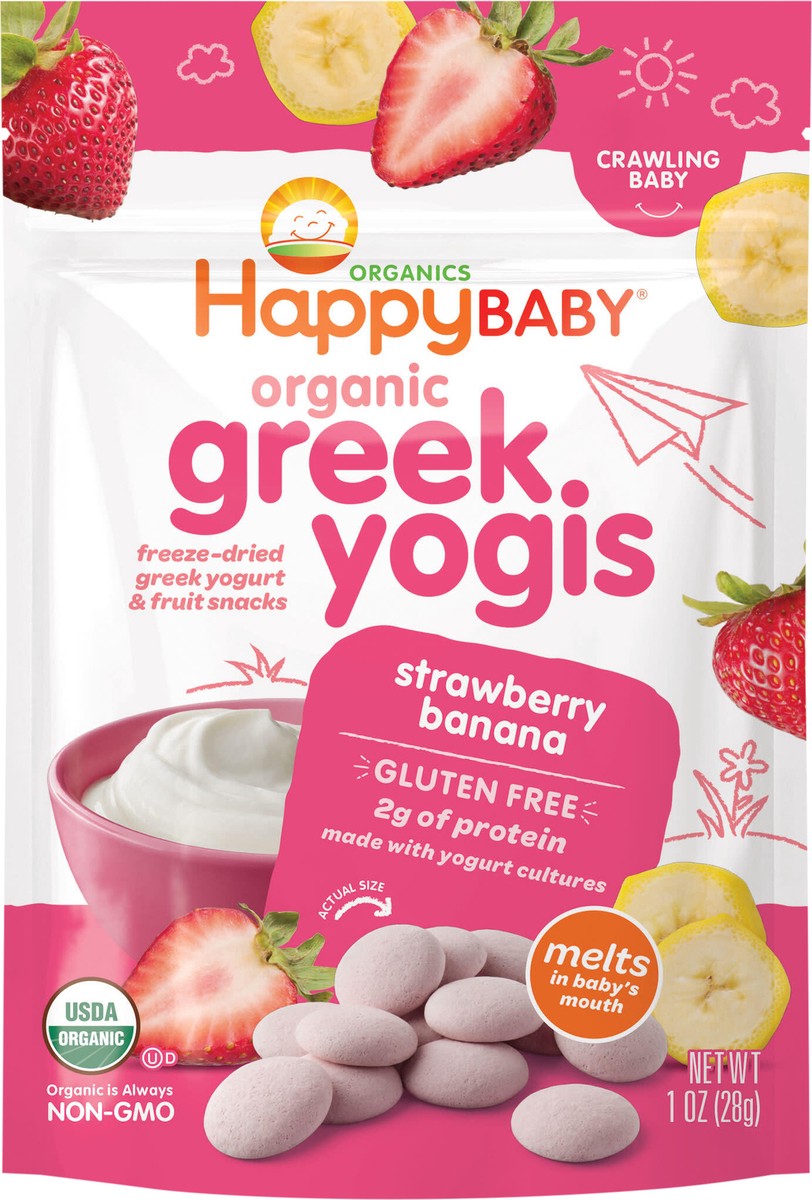 slide 2 of 3, Happy Baby Organics Organic Greek Yogis Freeze-Dried Greek Yogurt & Fruit Snacks Strawberry Banana 1 oz Bag UNIT, 1 oz
