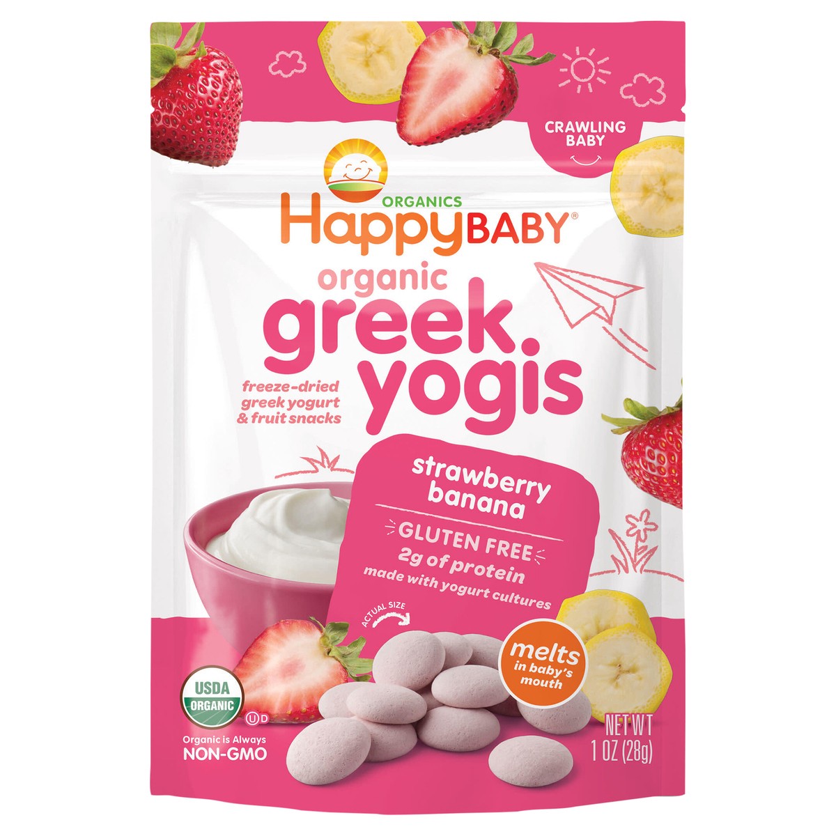 slide 1 of 3, Happy Baby Organics Organic Greek Yogis Freeze-Dried Greek Yogurt & Fruit Snacks Strawberry Banana 1 oz Bag UNIT, 1 oz