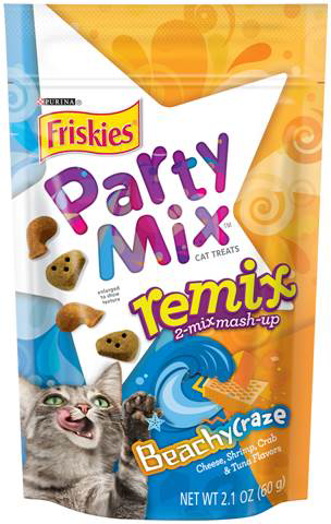 slide 1 of 1, Friskies Party Mix Cat Treats, Remix, Beachycraze, 2.1 oz