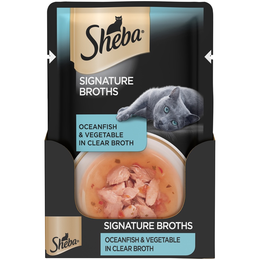 slide 1 of 1, Sheba Signature Broths Ocean Fish and Vegetable in Clear Broth Wet Cat Food, 1.4 oz