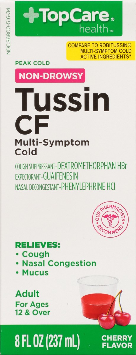 slide 2 of 14, TopCare Health Non-Drowsy Peak Cold Cherry Flavor Tussin CF 8 fl oz, 8 fl oz