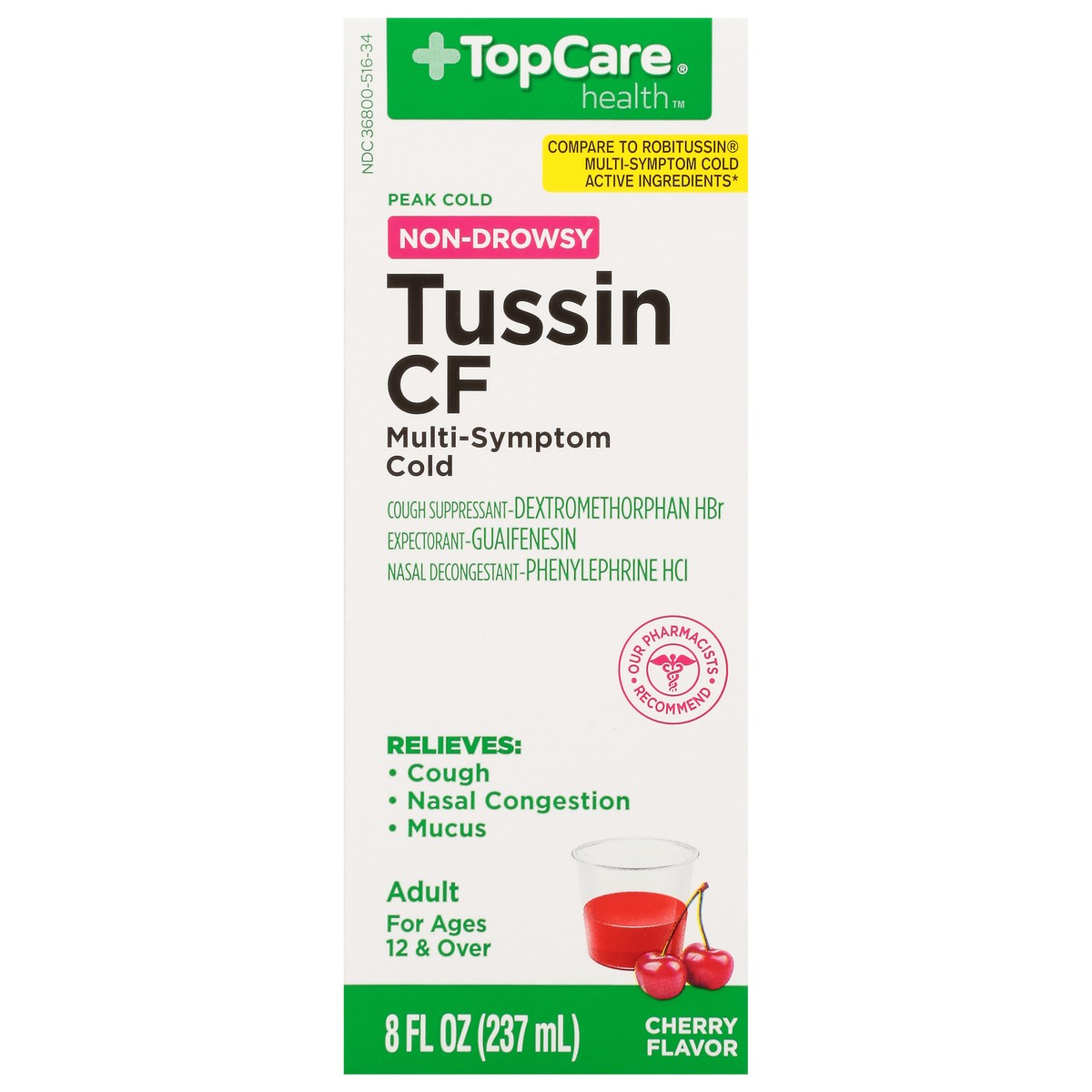 slide 13 of 14, TopCare Health Non-Drowsy Peak Cold Cherry Flavor Tussin CF 8 fl oz, 8 fl oz