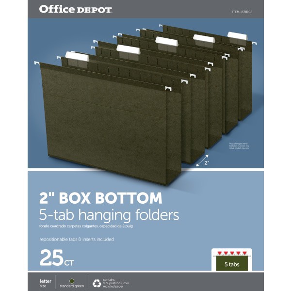 slide 3 of 3, Office Depot® Brand Tab-View Extra-Capacity Box-Bottom Hanging Folders, Letter Size (8-1/2"" x 11""), 2"" Expansion, Green, Box Of 25, 25 ct