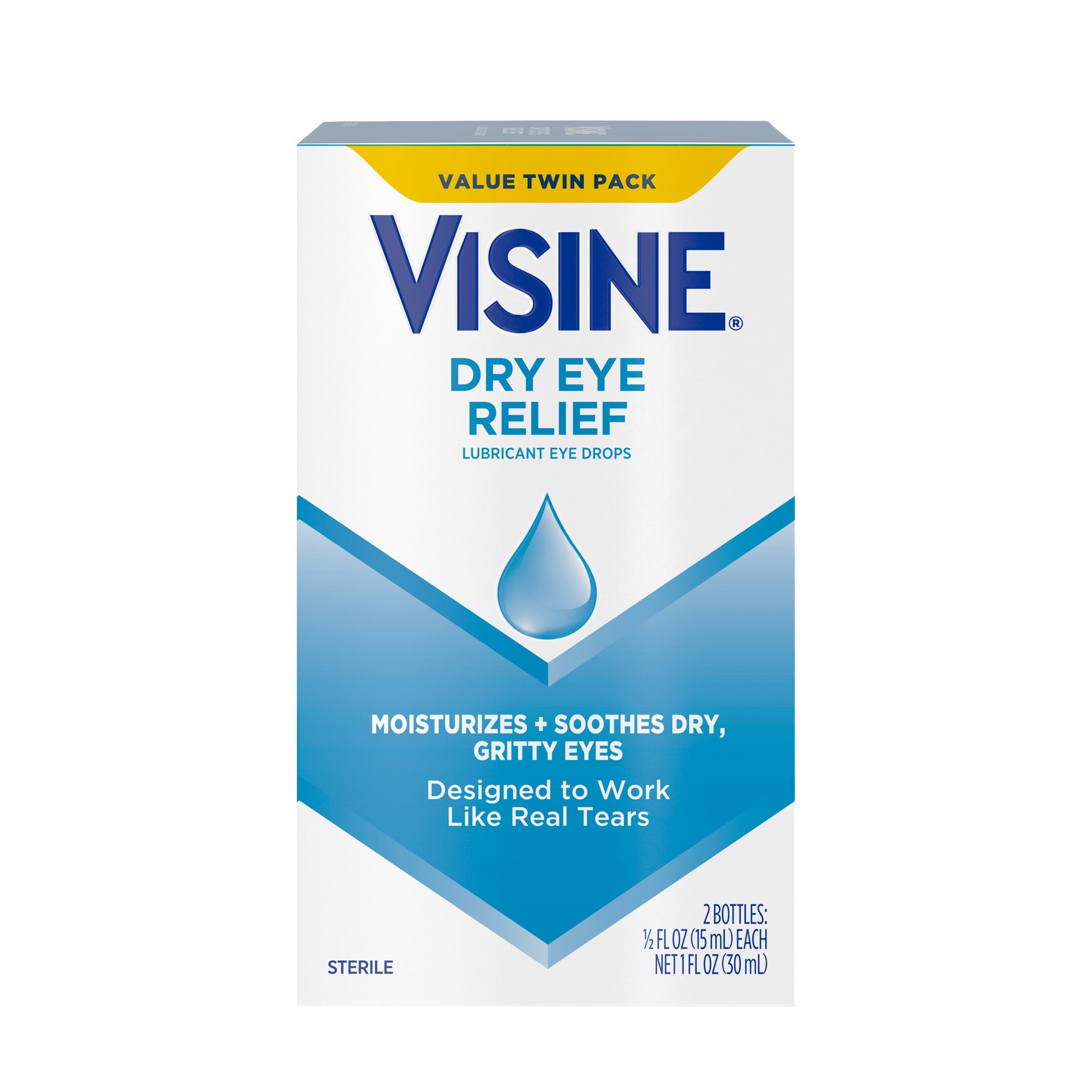 slide 2 of 9, Visine Dry Eye Relief Lubricant Eye Drops to Moisturize and Soothe Irritated, Gritty and Dry Eyes, Designed to Work like Real Tears, Polyethylene Glycol 400, Twin Pack, 2 x 0.5 fl. oz, 1 fl oz