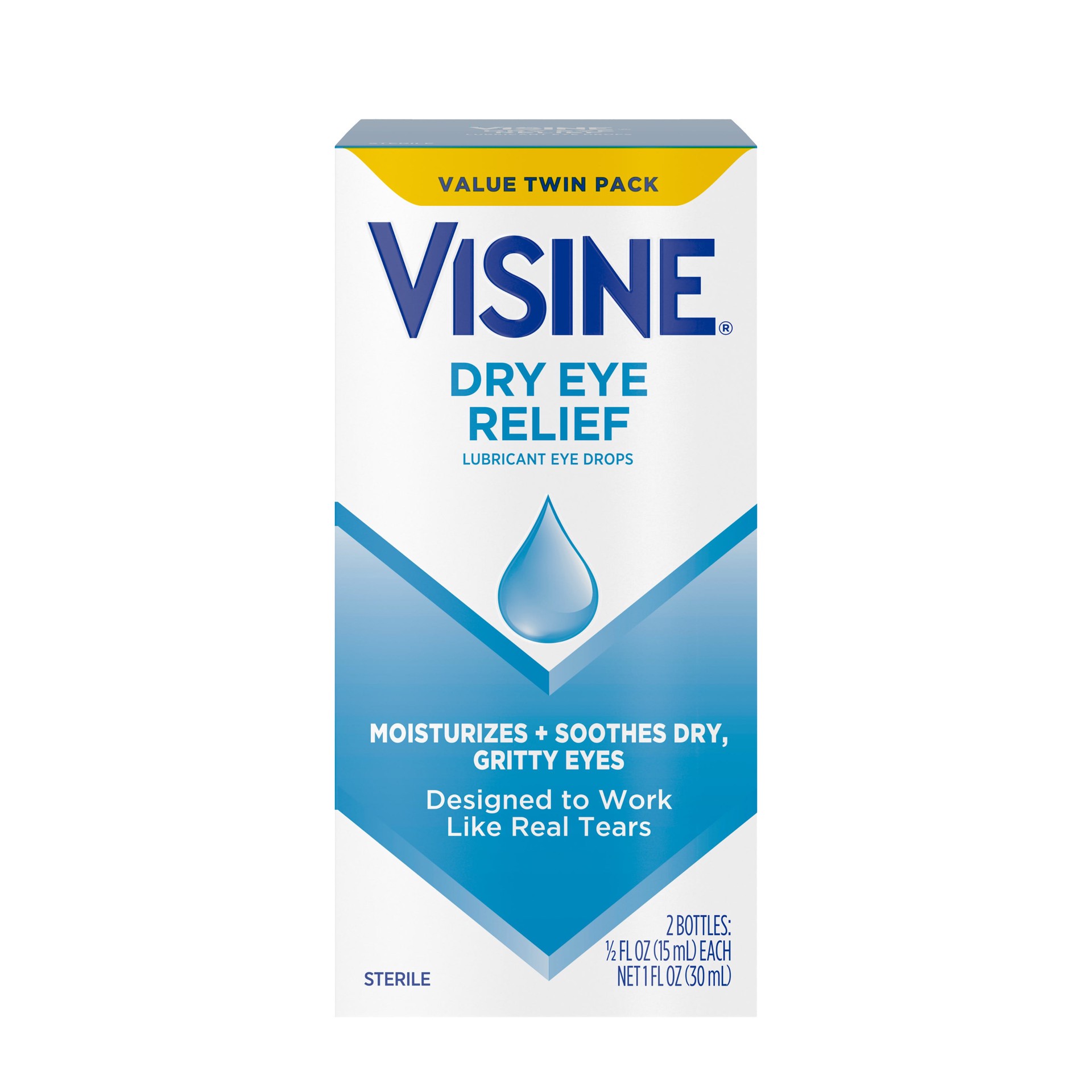 slide 4 of 9, Visine Dry Eye Relief Lubricant Eye Drops to Moisturize and Soothe Irritated, Gritty and Dry Eyes, Designed to Work like Real Tears, Polyethylene Glycol 400, Twin Pack, 2 x 0.5 fl. oz, 1 fl oz