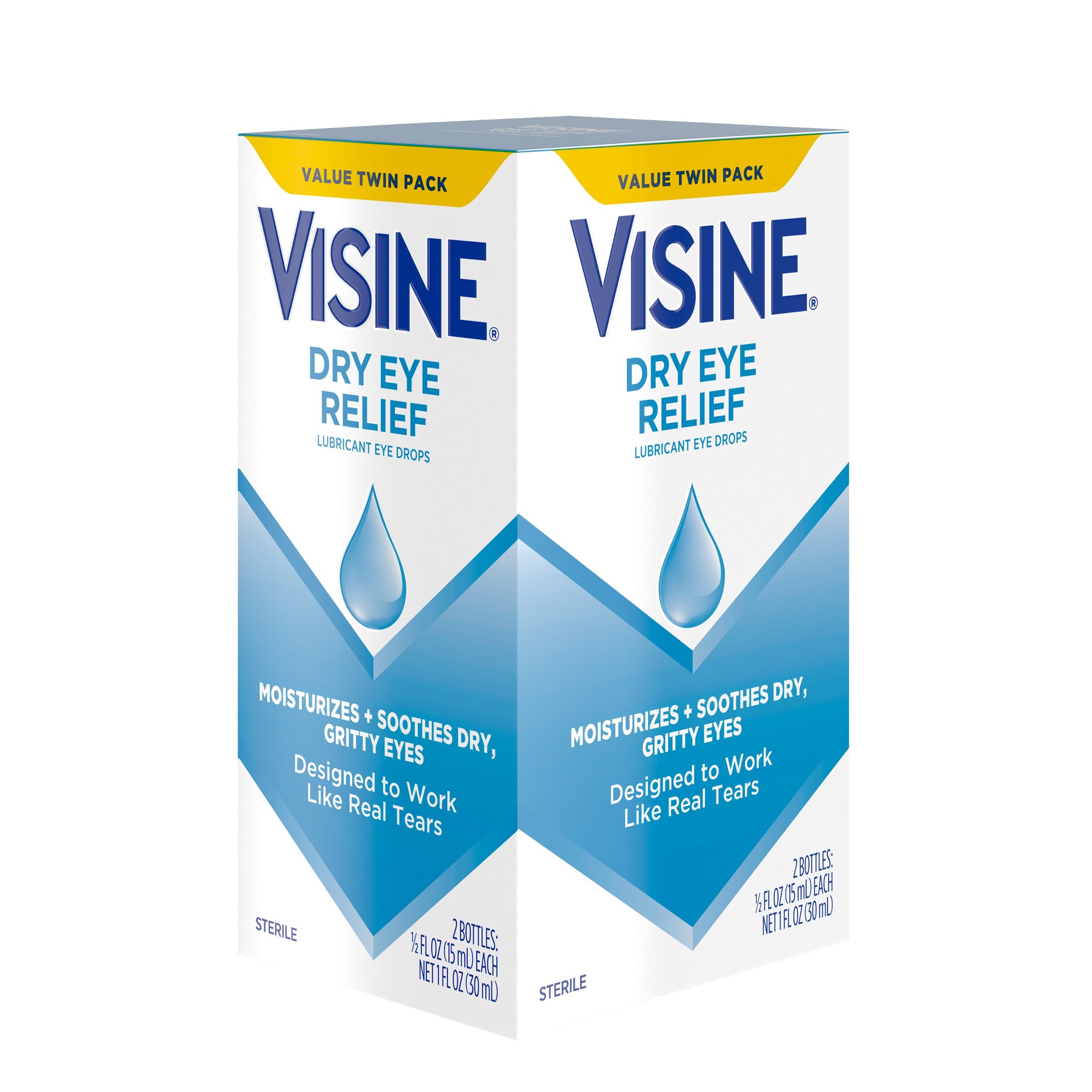 slide 9 of 9, Visine Dry Eye Relief Lubricant Eye Drops to Moisturize and Soothe Irritated, Gritty and Dry Eyes, Designed to Work like Real Tears, Polyethylene Glycol 400, Twin Pack, 2 x 0.5 fl. oz, 1 fl oz