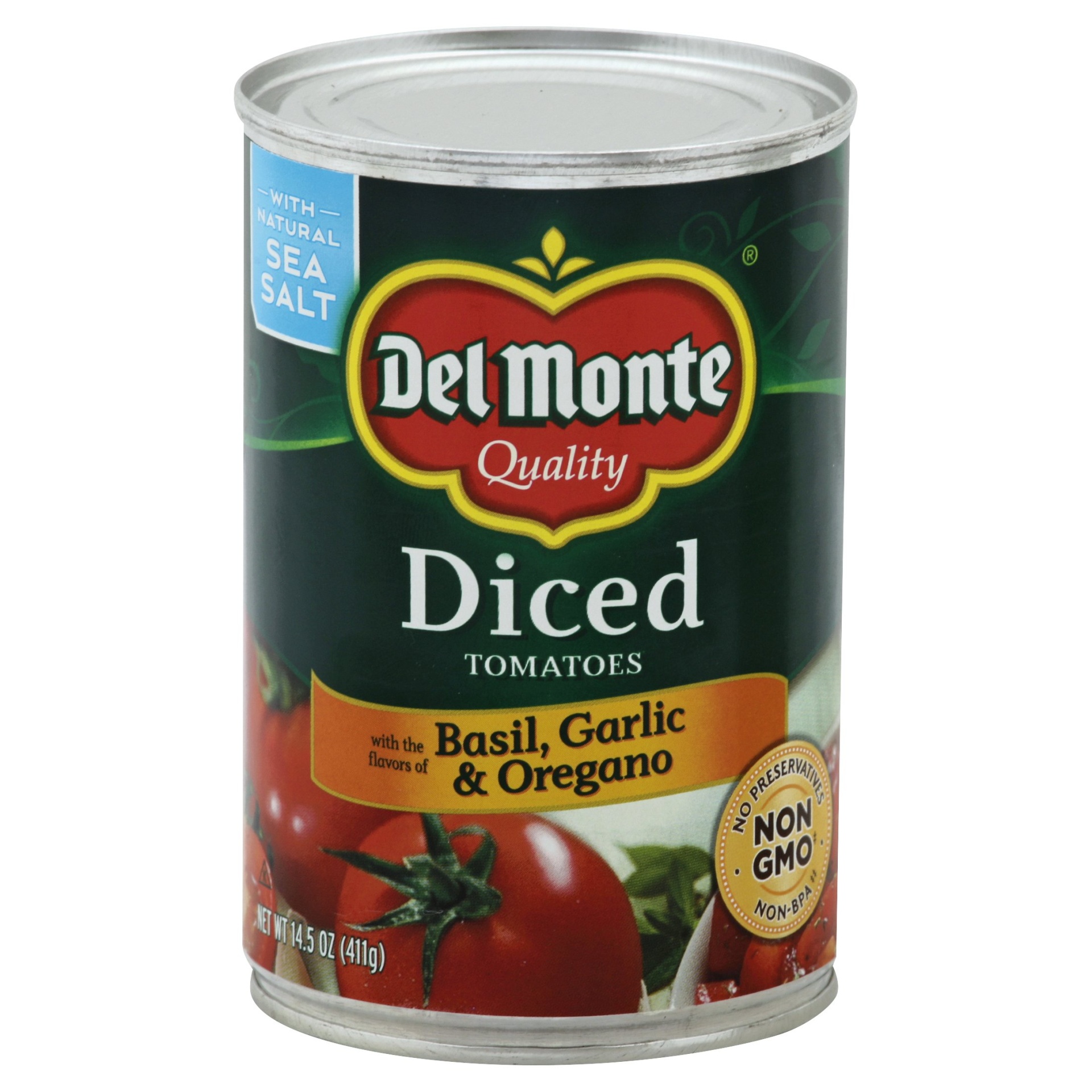 slide 1 of 6, Del Monte Diced Tomatoes With Basil, Garlic & Oregano, 14.5 oz