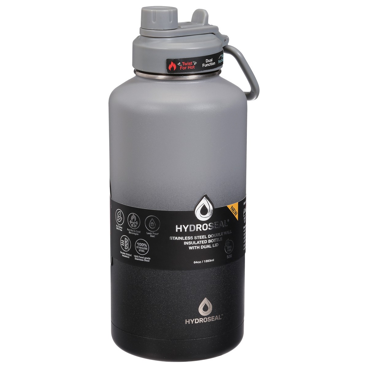 slide 9 of 9, Hydroseal 64 Ounce Double Wall Stainless Steel Insulated Bottle with Dual Lid 1 ea, 1 ct