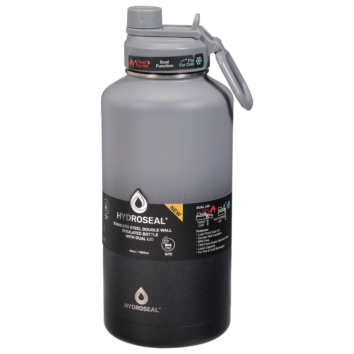 slide 5 of 9, Hydroseal 64 Ounce Double Wall Stainless Steel Insulated Bottle with Dual Lid 1 ea, 1 ct