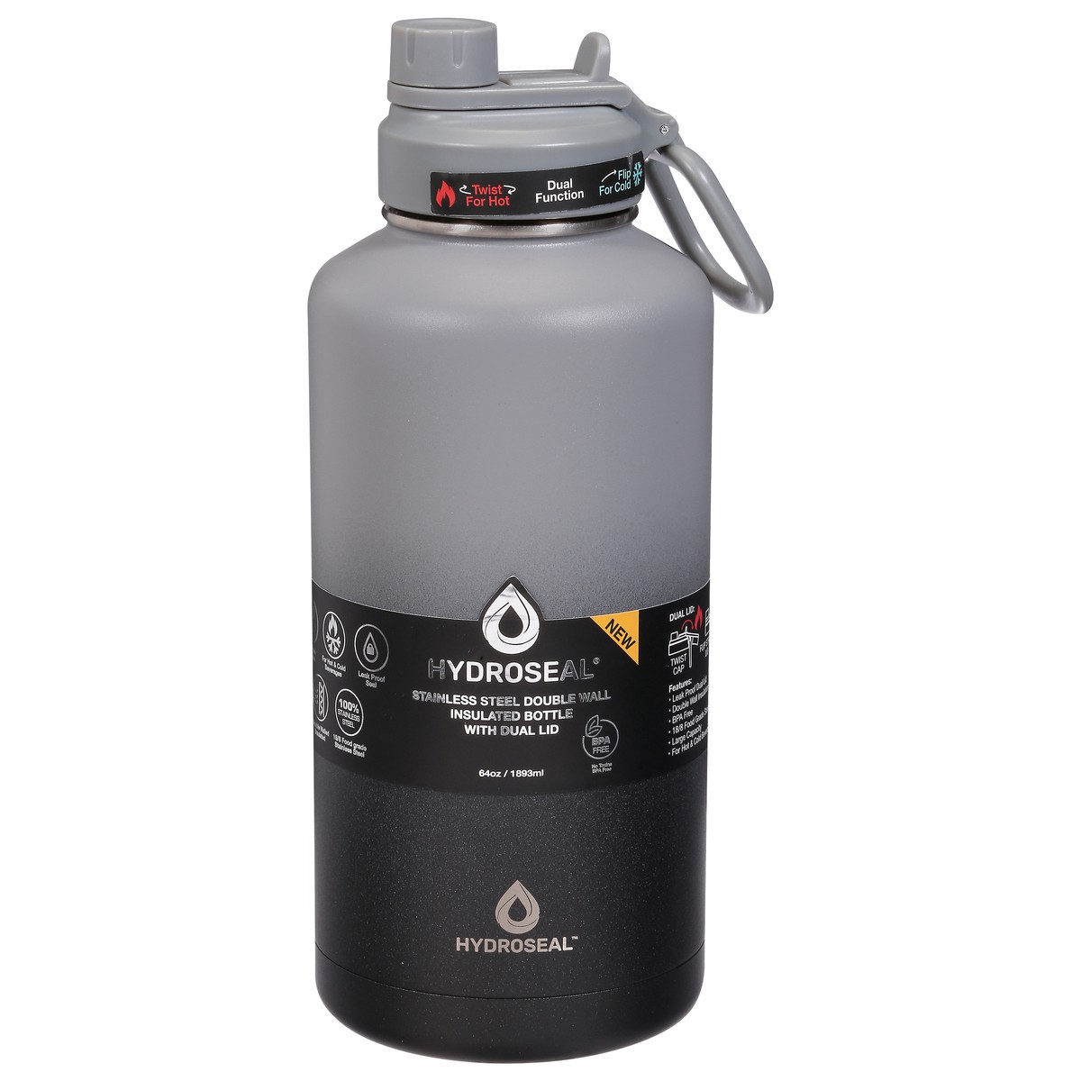 slide 1 of 9, Hydroseal 64 Ounce Double Wall Stainless Steel Insulated Bottle with Dual Lid 1 ea, 1 ct