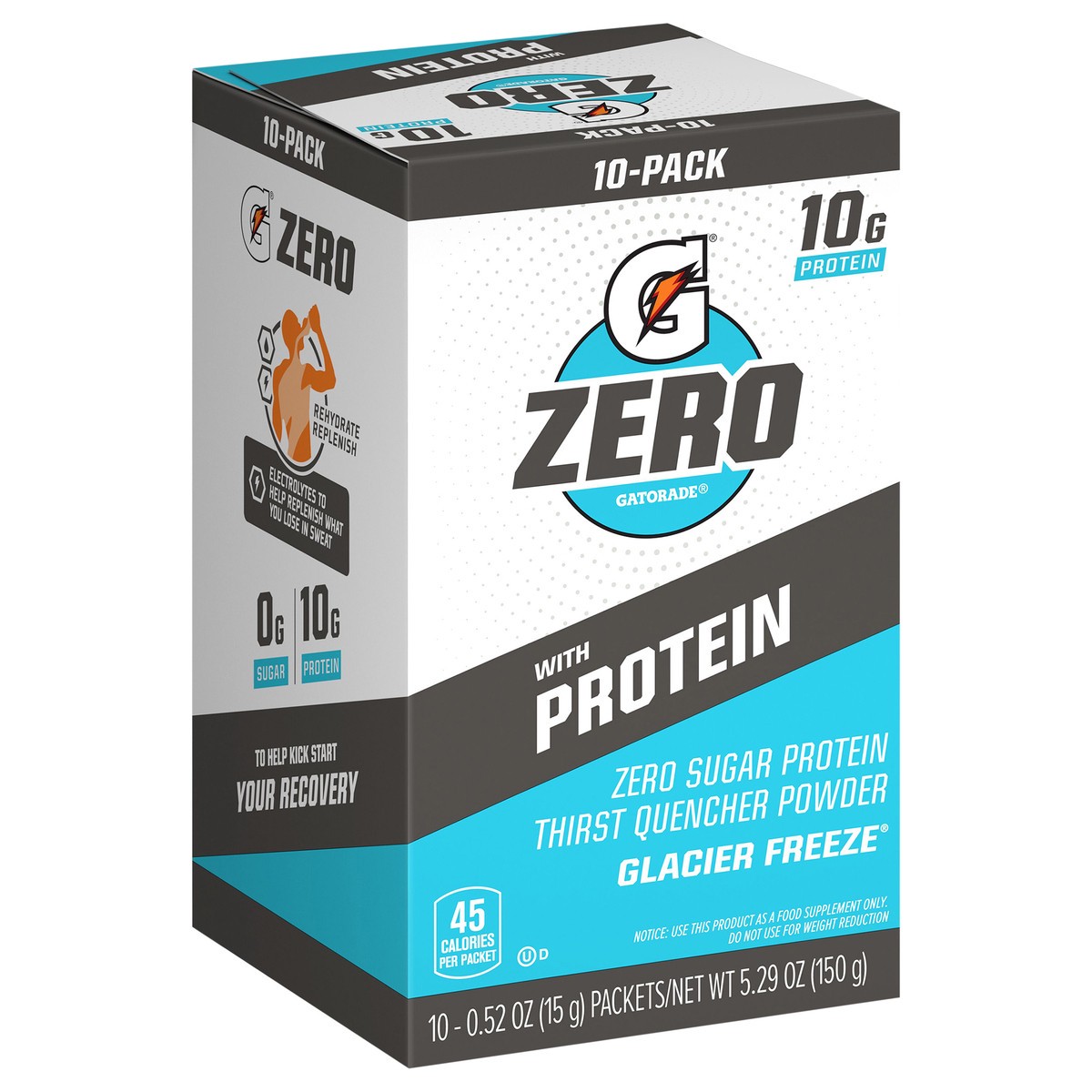 slide 2 of 11, Gatorade Zero Zero Sugar Protein Thirst Quencher Powder Glacier Freeze 0.52 Oz 10 Count, 10 ct