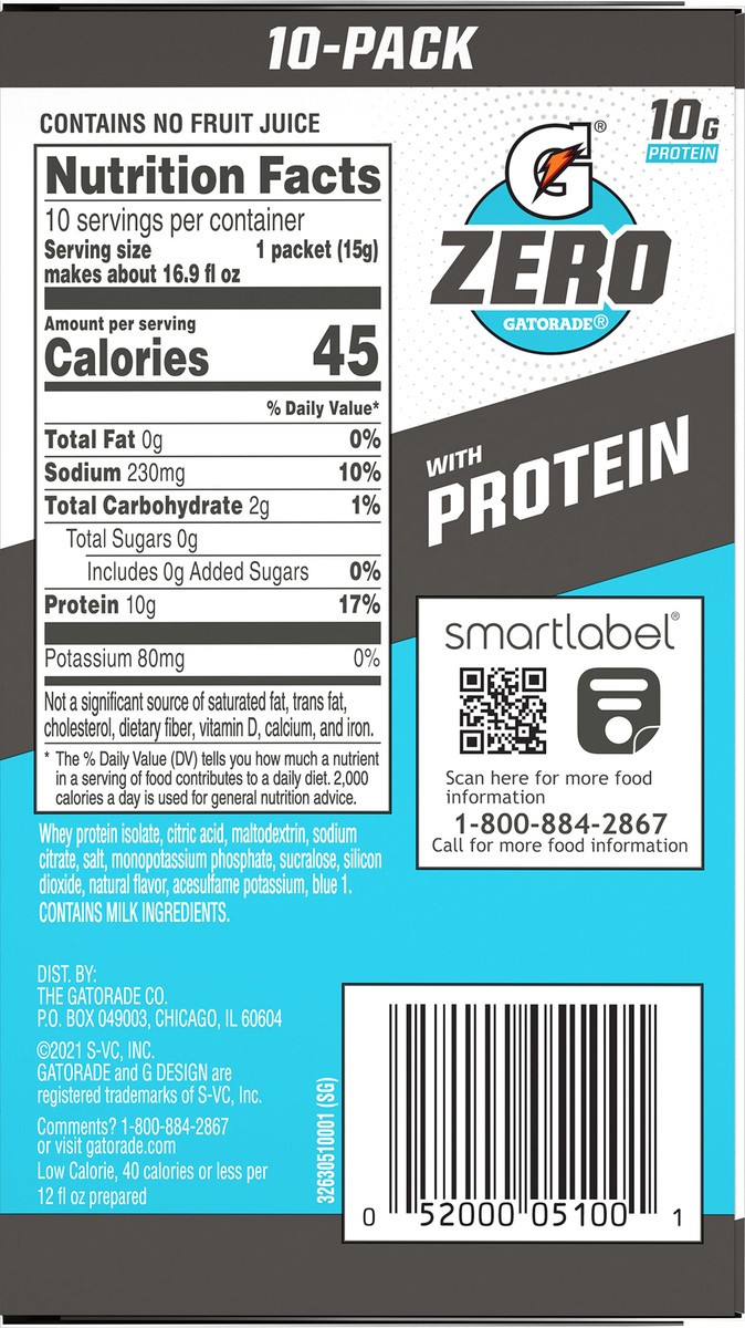slide 4 of 11, Gatorade Zero Zero Sugar Protein Thirst Quencher Powder Glacier Freeze 0.52 Oz 10 Count, 10 ct
