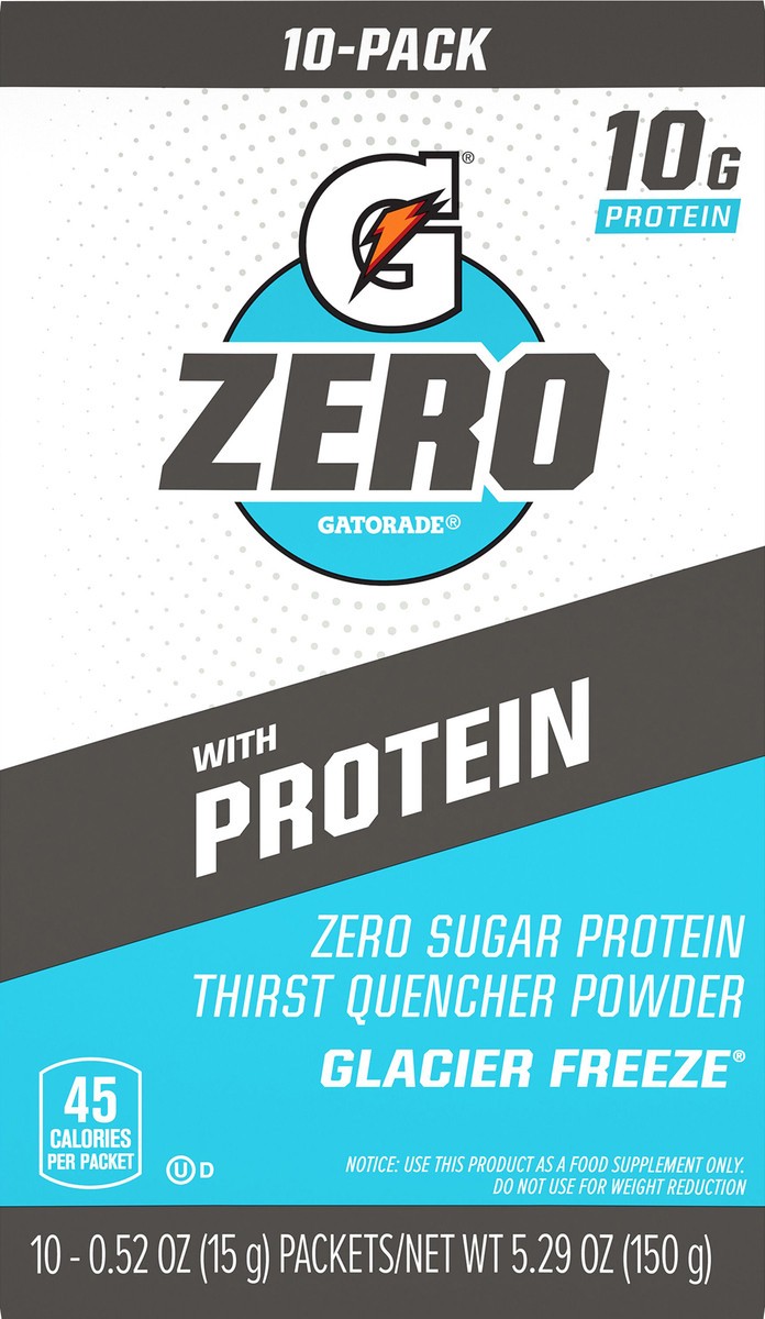 slide 9 of 11, Gatorade Zero Zero Sugar Protein Thirst Quencher Powder Glacier Freeze 0.52 Oz 10 Count, 10 ct