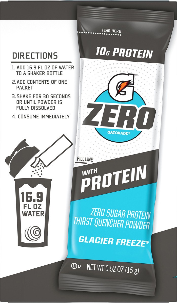 slide 6 of 11, Gatorade Zero Zero Sugar Protein Thirst Quencher Powder Glacier Freeze 0.52 Oz 10 Count, 10 ct