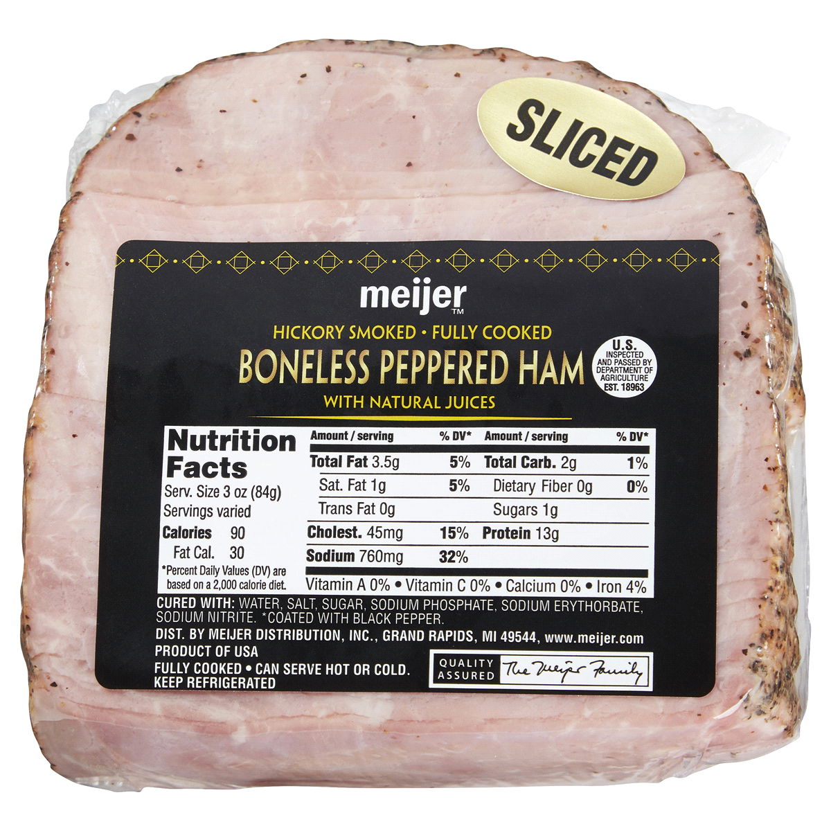slide 1 of 1, Meijer Sliced Ham, Boneless, Fully Cooked, Hickory Smoked, Peppered with Natural Juices, Quarter, per lb
