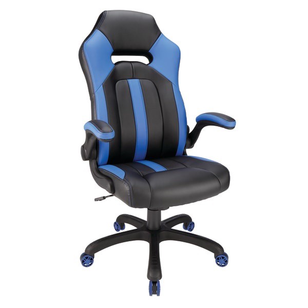 slide 2 of 8, Realspace Bonded Leather High-Back Gaming Chair, Blue/Black, 1 ct