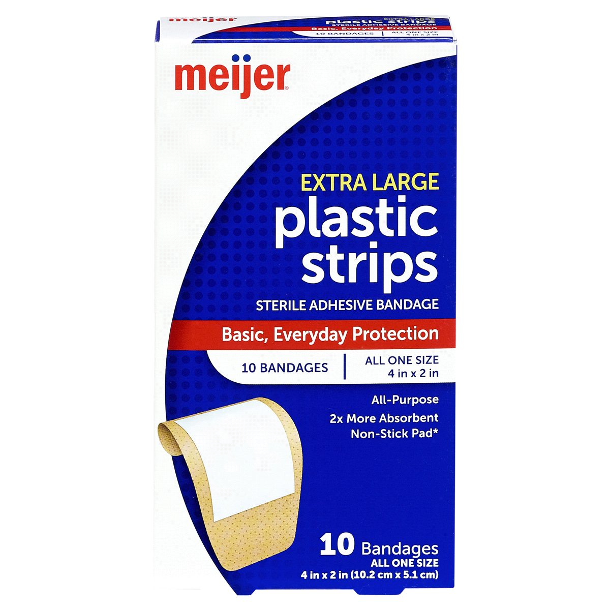 slide 1 of 9, Meijer Plastic Strips Adhesive Bandages 2"x4", Extra Large, 10 ct