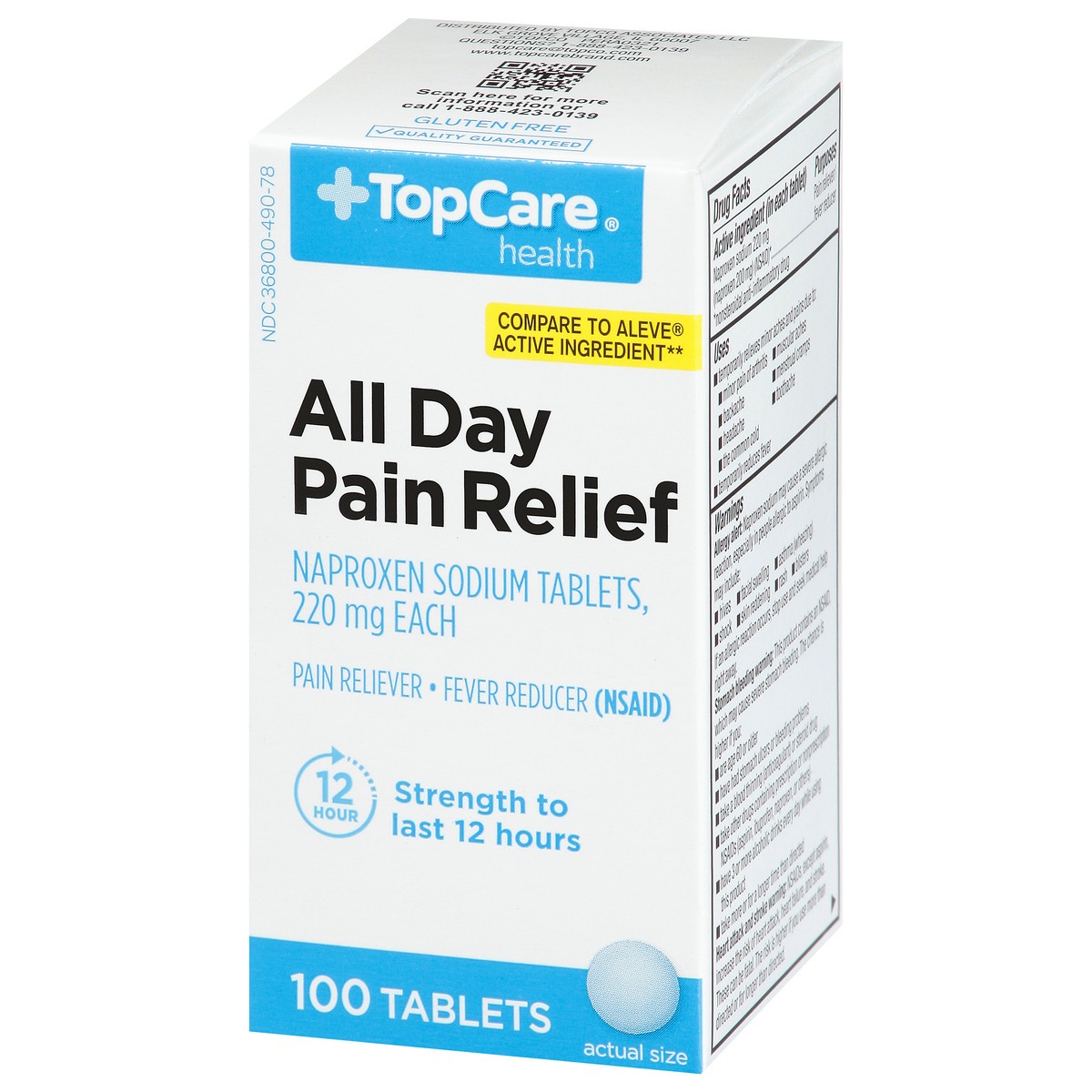 slide 4 of 9, TopCare Top Care Pain Relief All Day Non Prescription Strength 220Mg Tablets, 100 ct