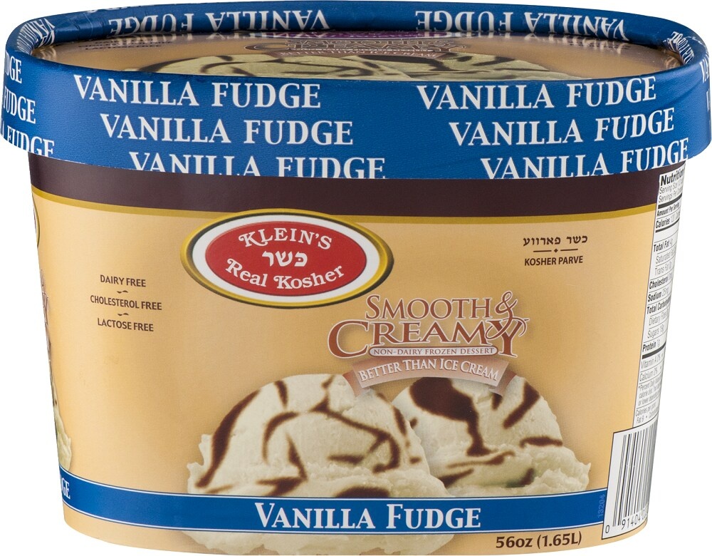 slide 1 of 1, Klein's Real Kosher Smooth & Creamy Vanilla Fudge Ice Cream, 56 oz
