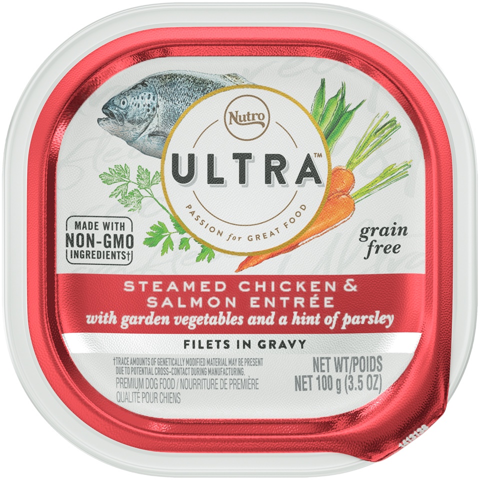 slide 1 of 1, Nutro Ultra Steamed Chicken & Salmon Entree Fillets in Gravy Premium Dog Food, 3.5 oz