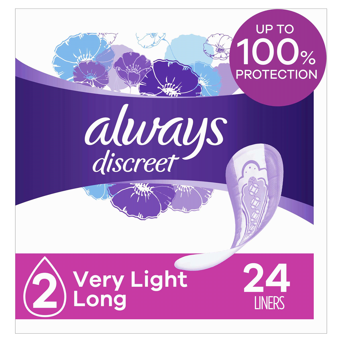 slide 1 of 3, Always Discreet Incontinence Liners Very Light Long Length Size, 24 ct