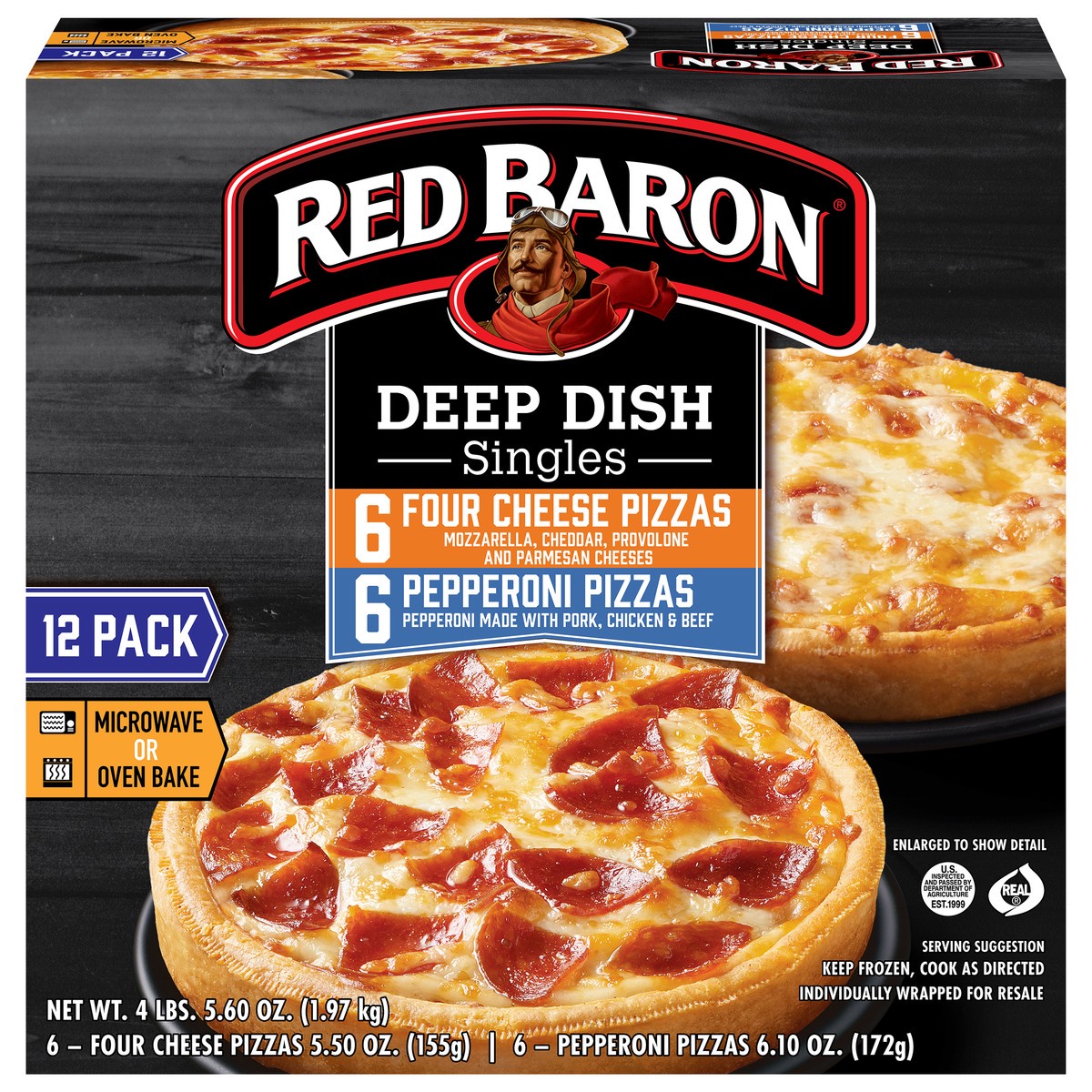 slide 1 of 5, Red Baron Deep Dish Singles Four Cheese/Pepperoni Pizza 12 Each, 12 ct