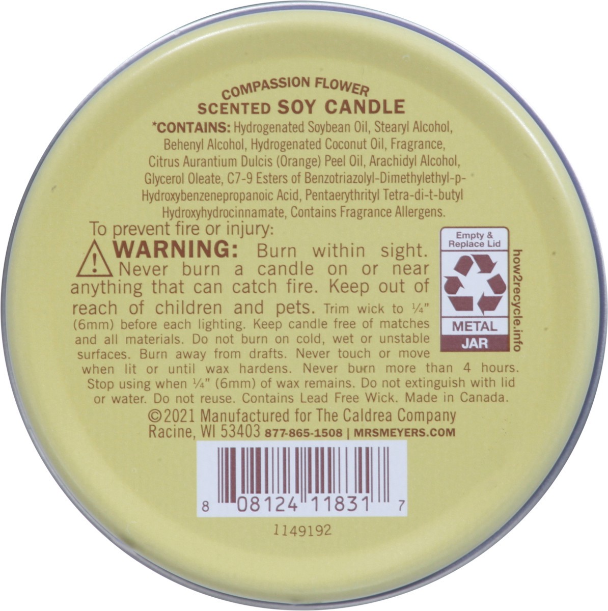 slide 5 of 9, Mrs. Meyer's Mrs. Meyer''s Clean Day Scented Soy Candle, Tin Candle, Compassion Flower Scent, 2.9 Ounce, 2.90 oz