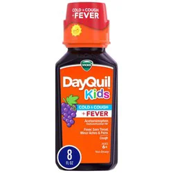 VICKS DayQuil Kids Grape Cold & Cough + Fever Multi-Symptom Relief Liquid, Daytime Relief of Cough, Sore Throat, Minor Aches and Pains and Fever, Great-Tasting Grape Flavored Medicine, Specially Formulated for Kids Ages 6+, 8 OZ