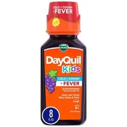 VICKS DayQuil Kids Grape Cold & Cough + Fever Multi-Symptom Relief Liquid, Daytime Relief of Cough, Sore Throat, Minor Aches and Pains and Fever, Great-Tasting Grape Flavored Medicine, Specially Formulated for Kids Ages 6+, 8 OZ