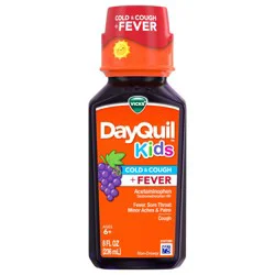 VICKS DayQuil Kids Grape Cold & Cough + Fever Multi-Symptom Relief Liquid, Daytime Relief of Cough, Sore Throat, Minor Aches and Pains and Fever, Great-Tasting Grape Flavored Medicine, Specially Formulated for Kids Ages 6+, 8 OZ
