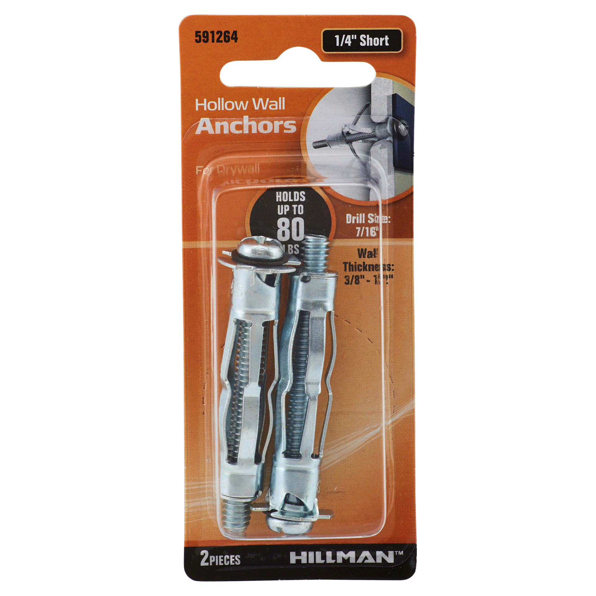 slide 1 of 1, Hillman Pan Head Combination Drive Hollow Wall Anchor 1/4" Short, 2 ct