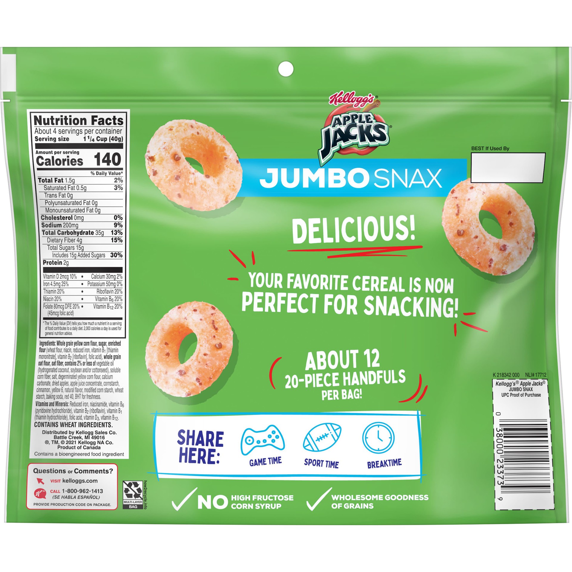 slide 5 of 5, Apple Jacks Kellogg's Apple Jacks Jumbo Snax Cereal Snacks, Original, 6 oz, 6 oz