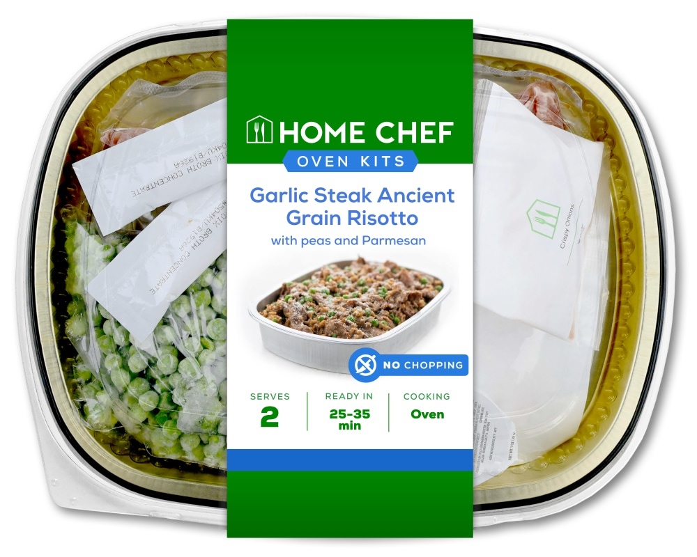 slide 1 of 1, Home Chef Oven Kit Garlic Steak Ancient Grain Risotto With Peas And Parmesan, 32 oz