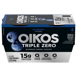 Oikos Triple Zero Blueberry Nonfat Greek Yogurt Pack, 0% Fat, 0g Added Sugar and 0 Artificial Sweeteners, Just Delicious High Protein Yogurt, 4 Ct, 5.3 OZ Cups
