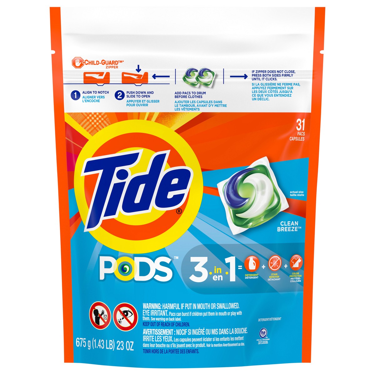 slide 1 of 1, Tide PODS Liquid Laundry Detergent Soap Pacs, HE Compatible, 31 Count, Powerful 3-in-1 Clean in one Step, Clean Breeze Scent, 31 ct