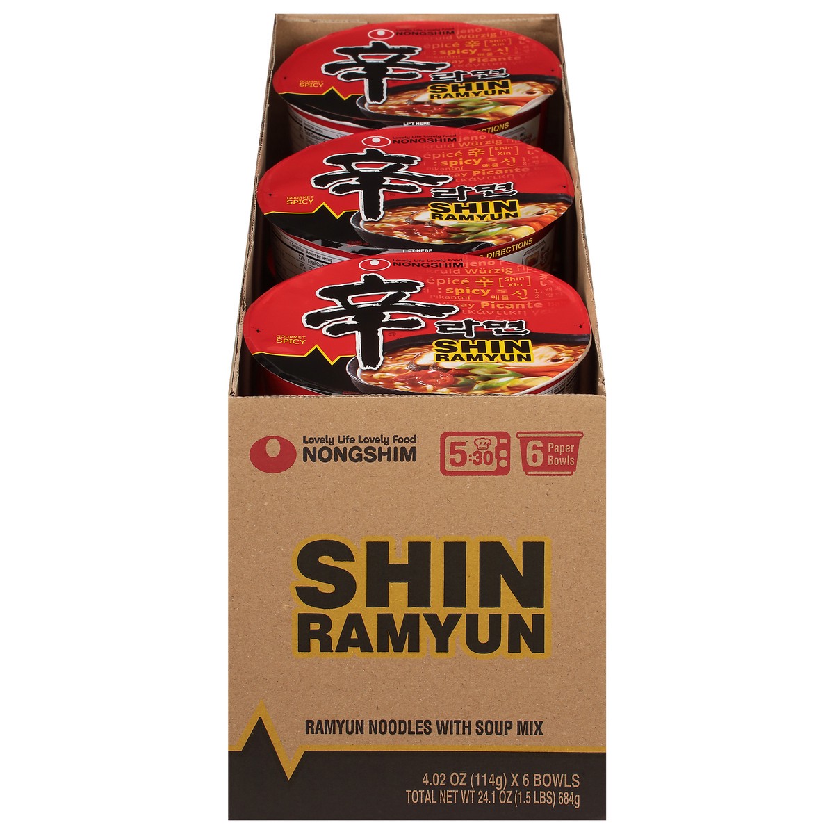 slide 2 of 15, Nongshim Shin Ramyun Noodles with Soup Mix 6 - 4.02 oz Each, 6 ct