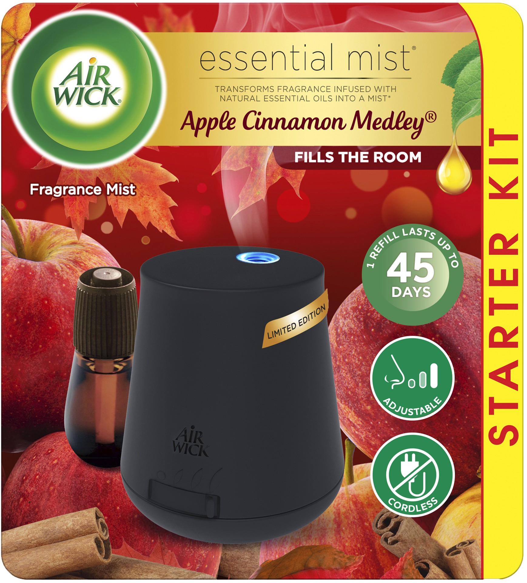 slide 1 of 3, Air Wick Essential Mist Starter Kit (Diffuser + Refill), Apple Cinnamon, Fall Scent, Essential Oils Diffuser, Air Freshener, 0.67 oz